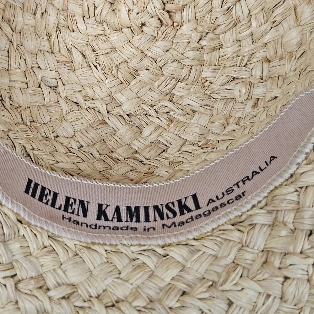 Vintage Helen Kaminski Straw Boater Hat Womens Tan Black Ribbon Raffia Boho 90s